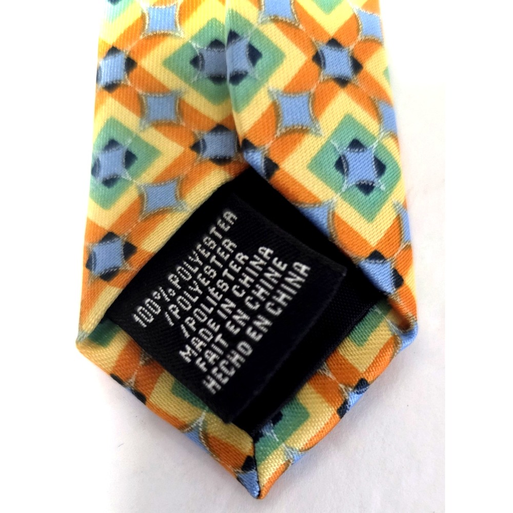 Perry Ellis Necktie Orange/Yellow/Blue/Mint Geometric Diamond Print Poly Tie - Picture 8 of 8